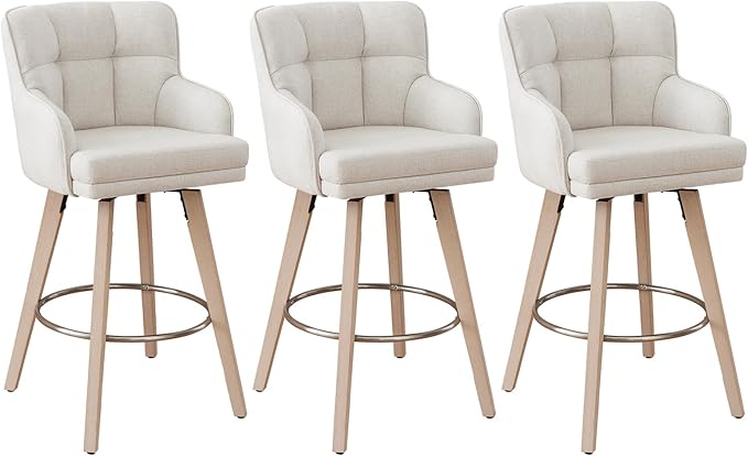 360°Swivel Counter Height Bar Stools with Back, 30 inch Solid Wood Legs, Bar Stool Modern Kitchen Island Chairs, Fabric (Beige- Fabric, 30" H- Set of 3)