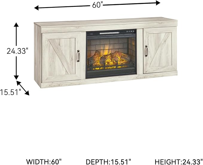 Signature Design by Ashley Bellaby Farmhouse 60" TV Stand with Electric Fireplace for TVs up to 69", Whitewash