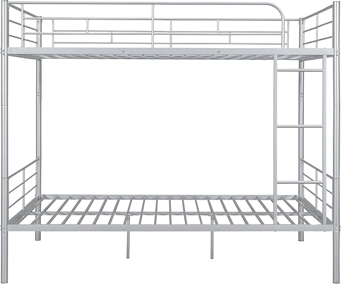 Merax Full Over Full Metal Bunk Bed with Ladder and high Guardrail, Able to Split, Storage Space, No Box Spring Needed, Noise Free, Silver