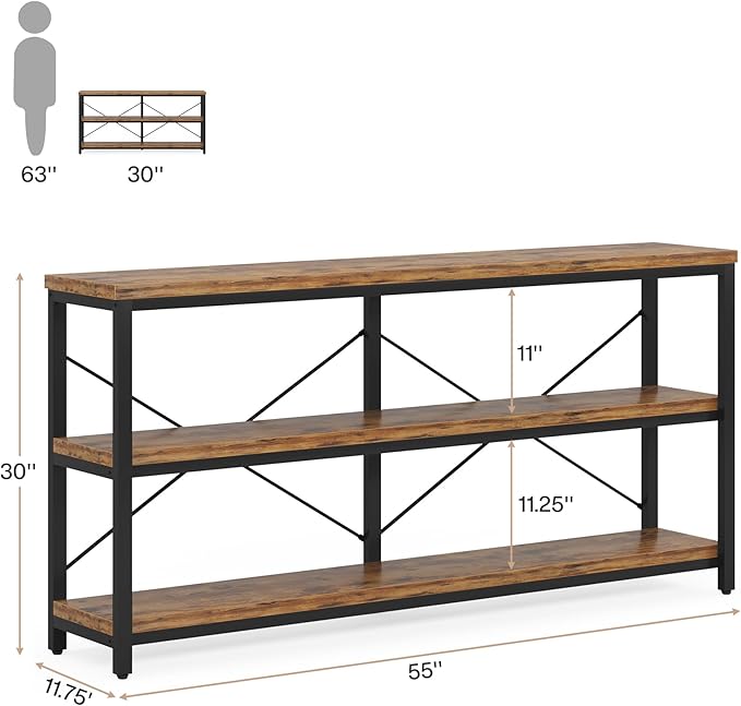 Tribesigns 55-Inch Industrial Sofa Table, 3-Tier Console Table with Metal Frame and Open Shelves, Modern Decorative Shelf, Open TV Shelf for Living Room, Entryway, Hallyway (Brown and Black)
