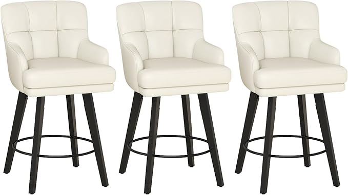 360°Swivel Counter Height Bar Stools with Back, 26 inch Solid Wood Legs, Bar Stool Modern Kitchen Island Chairs, Faux Leather (Beige- Faux Leather, 26" H- Set of 3)