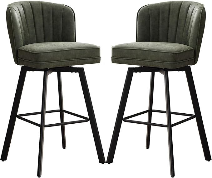 Swivel Counter Height Bar Stools Set of 2, 30'' Modern Barstools with Backs and Metal Legs, Upholstered Bar Chairs, Faux Leather Green Stools for Kitchen Island Chairs