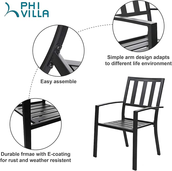 PHI VILLA Metal Outdoor Dining Chairs Set of 6 - Stackable Black Patio Chairs, 300lb Capacity (Stripe)
