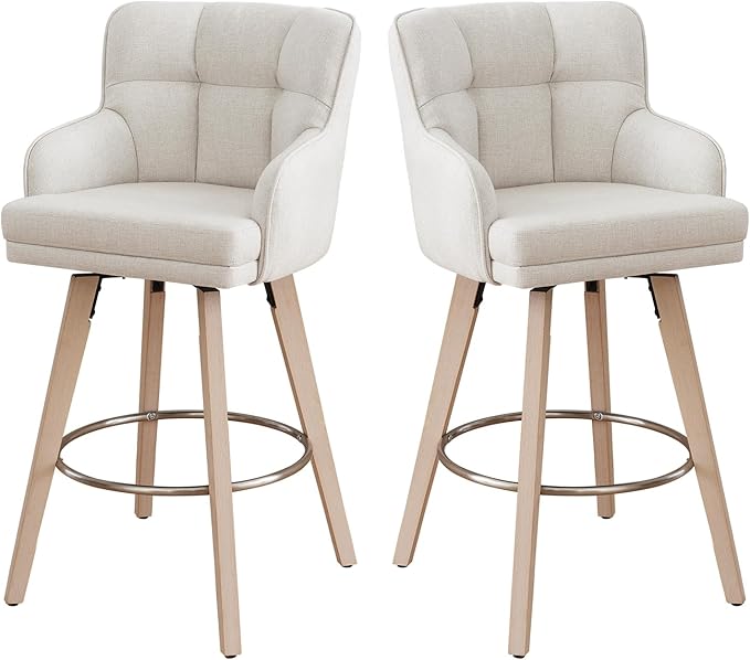 360°Swivel Counter Height Bar Stools with Back, 30 inch Solid Wood Legs, Bar Stool Modern Kitchen Island Chairs, Fabric (Beige- Fabric, 30" H- Set of 2)