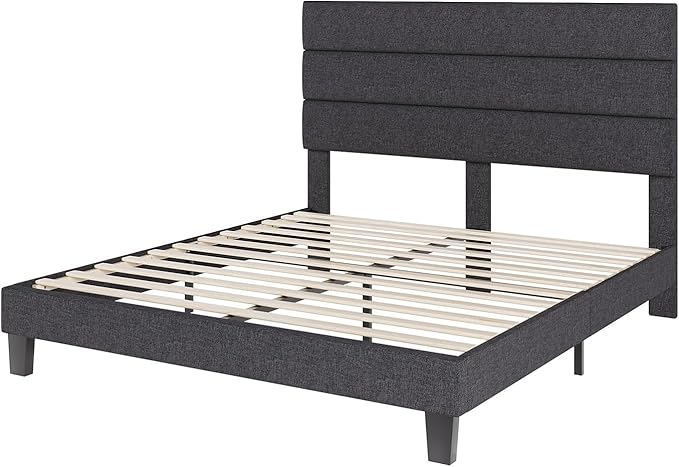 AMERLIFE Queen Size Bed Frame with Linen Upholstered Headboard, Modern Platform Bed with Wooden Slats Support, Noise-Free, No Box Spring Needed, Easy Assembly, Grey