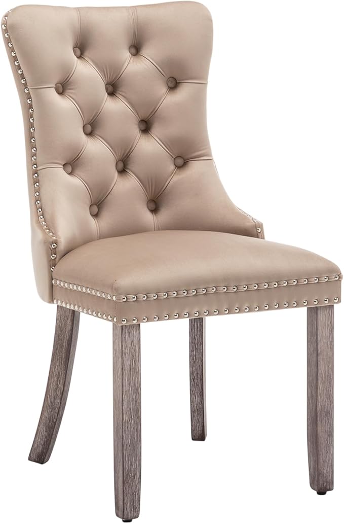 Velvet Dining Chairs Set of 4, Upholstered Dining Room Chairs with Nailhead Ring Pull Trim, Button Tufted Wing Back Chairs for Dining with Solid Wood Legs for Kitchen Dining Room(Khaki)
