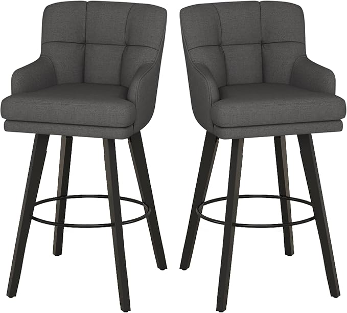 360°Swivel Counter Height Bar Stools with Back, 30 inch Solid Wood Legs, Bar Stool Modern Kitchen Island Chairs, Fabric (Black Grey- Fabric, 30" H- Set of 2)
