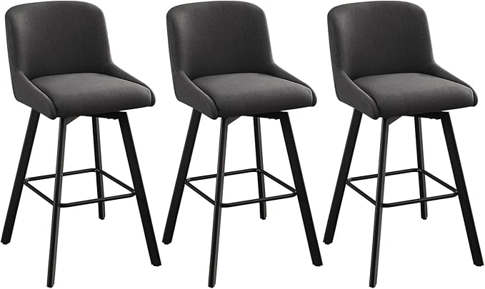 Swivel Counter Height Bar Stools Set of 3, 29''H Upholstered Barstools with Backs, Modern Bar Stool Chairs for Kitchen Island, Metal Legs, Fabric, Black Grey Stools Counter Chair