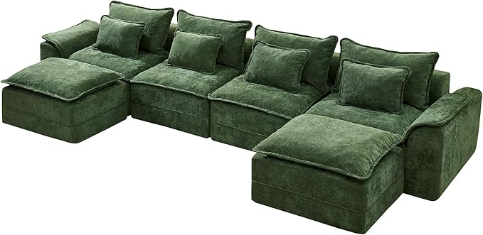 Hobestluk 152" Cloud Modular Sectional Couch 4-Seater Sofa with Ottomans U Shaped Couch Deep Seat Sofa with Removable Cover for Living Room (Green, 4-Seater Sofa with Two Ottomans)