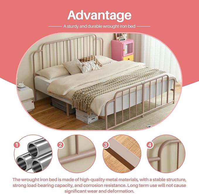 PINJU Metal Platform Bed Frame with Headboard and Footboard, Classic Style, Sturdy Metal Slats, No Box Spring Needed, Easy Installation (Pink, King)
