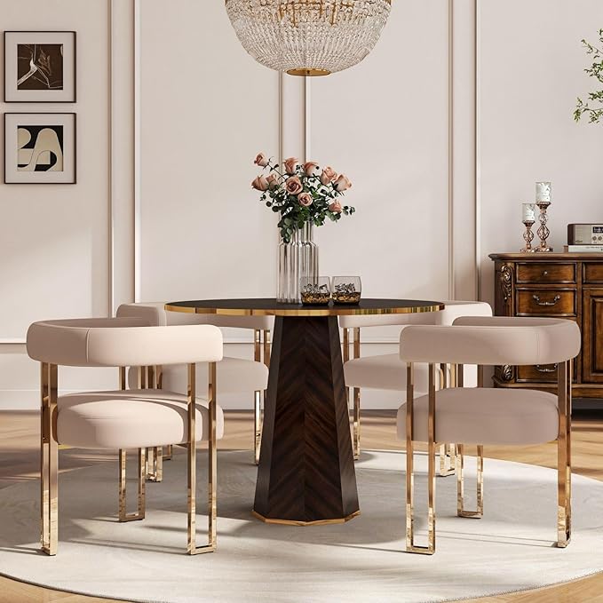 Velvet Dining Chairs Set of 4, Khaki Upholstered Barrel Armchairs with Gold Metal Legs for Kitchen Island, Mid Century Modern Accent Side Chairs for Dining Room and Living Room, Open-Back