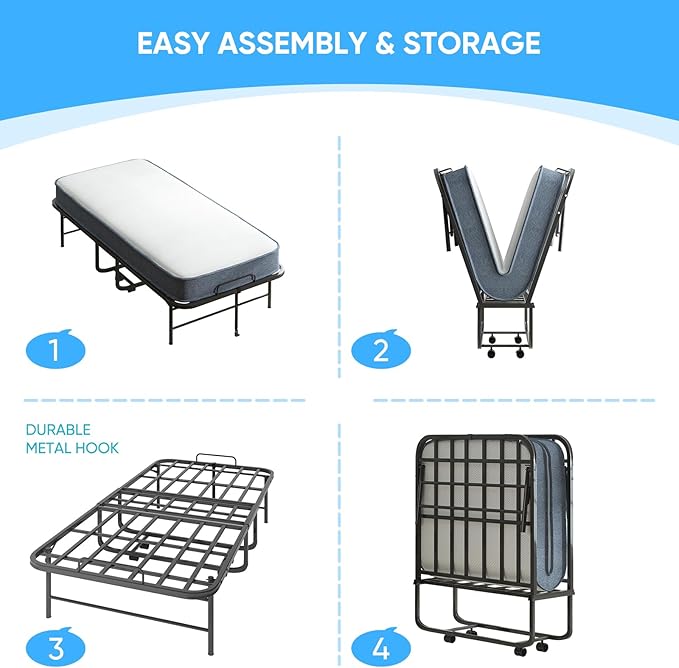 Mjkone Folding Bed with Mattress, 5 Inch Rollaway Bed for Adults, Fold Up Beds with Lockable Wheels, Sturdy Metal Fold Away Frame for Bedroom/Guest, Space Saving(75" x 31")