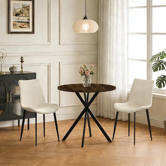 31.5" Round Dining Table and Chairs Set for 2, Small Dining Table Chairs Set Space-Saving, Small Dinette Sets for 2 for Kitchen Dining Room Apartment(Walnut Table + Beige Chairs)