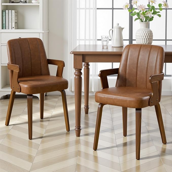 Kitchen Dining Chairs Set of 2, Faux Leather Upholstered Dining Room Chairs with Wood Arms and Legs, Mid Century Modern Kitchen Side Chair for Living, Bedroom, Restaurant, Walnut/Brown