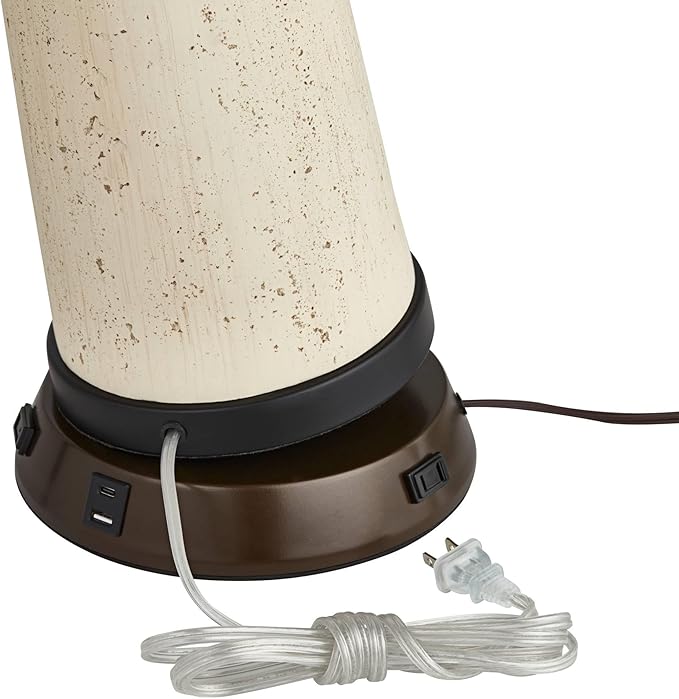 Possini Euro Design Cosgrove Mid Century Modern Coastal Table Lamp with USB and AC Power Outlet Workstation Charging Base Oval 32.75" Tall White Ceramic Beige Fabric Drum Shade for Living Room