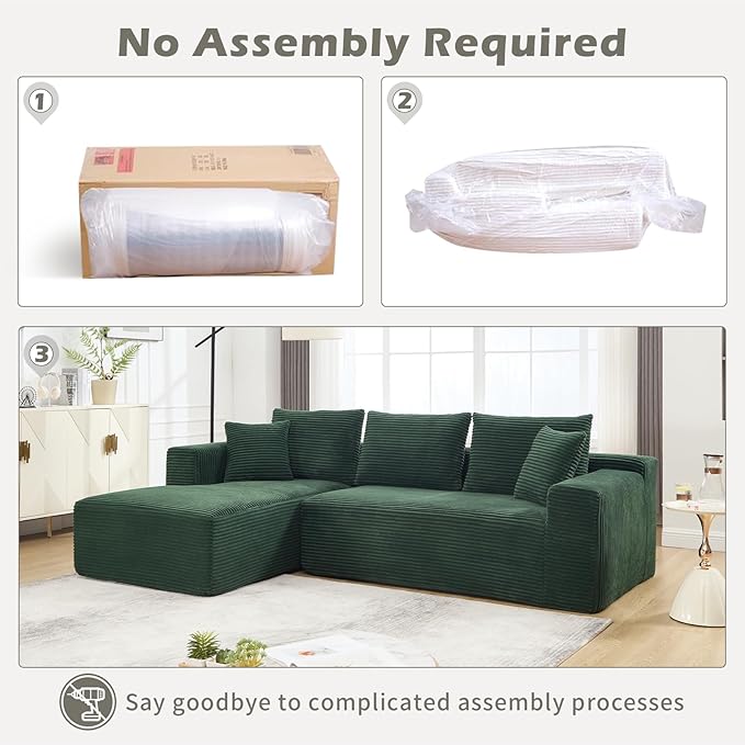 PELUMY 108.7" L-Shaped Modular Sectional Sofa with Oversized Chaise, Cloud Couch with Memory Foam, No Assembly Required Sleeper Sofa for Small Space Living Room, Apartment (Green, Corduroy)