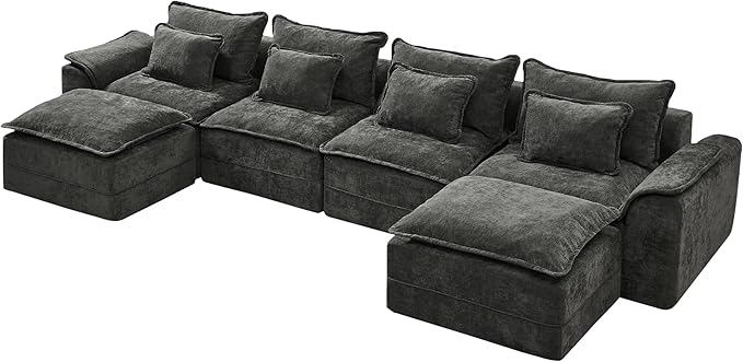 Hobestluk 152" Cloud Modular Sectional Couch 4-Seater Sofa with Ottomans U Shaped Couch Deep Seat Sofa with Removable Cover for Living Room (Dark Grey, 4-Seater Sofa with Two Ottomans)