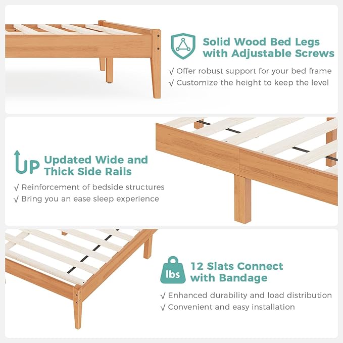 Solid Wood King Size Bed Frame with Ladder Headboard, Malaysian Oak Platform Bed Frame, Modern Bedframe with Wooden Slats, No Box Spring Needed, Easy Assembly, King Size, Rustic Pine
