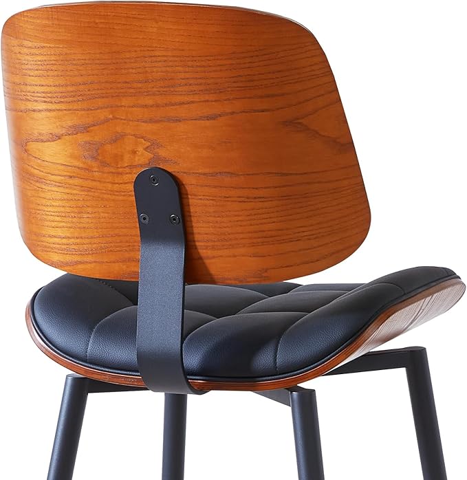 Mid Century Modern Bar Stools Set of 2 for Kitchen Island,Upholstered Black Faux Leather Counter Height stools,26 Inch Counter stools with Walnut Grain Back
