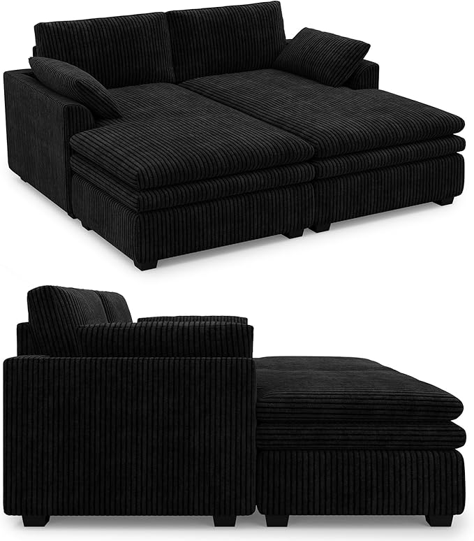 Belffin Large Modular Sectional Sofa with Deep Chaise, 73.6" Corduroy L Shaped Couch with 9" Soft Dual-Layer Seats Cushion for Living Room, Apartment, Black