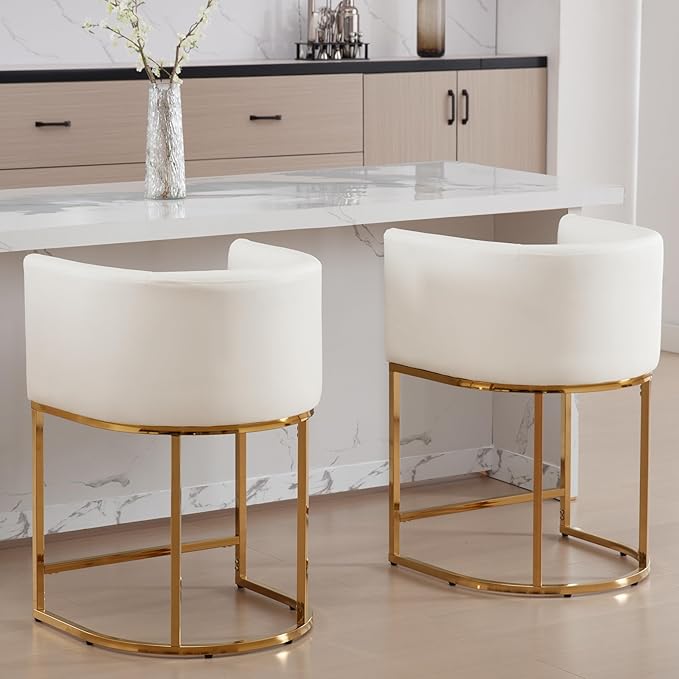 PU Leather Bar Stools Set of 4, Modern Upholstered Counter Height Bar stools 24" Leather Barstools Barrel Kitchen Counter Island Stools with Golden Metal Base, White