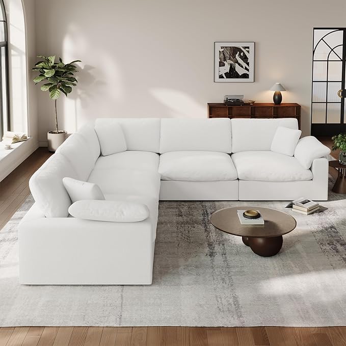 Cloud White Modular Couch for Living Room,5 Seat V Shape Linen Blend Sofas,Modern Deep Seat Cloud Sofas,Convertible Comfort Down Filled Sectional Couches,Removable Washable Cushion Covers