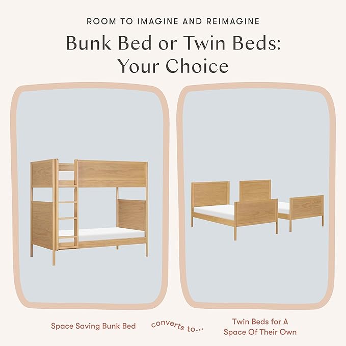 Babyletto Bondi Bunk Bed Twin Over Twin - GREENGUARD Gold Certified Heavy Duty Wood Bunkbeds w/Adjustable Ladder - Convertible to 2 Individual Beds for Kids - Trundle Sold Separately - Honey