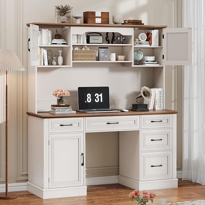 67" H Farmhouse Executive Desk with Hutch. Wood Workstation with 5 Drawers, Storage Cabinet, File Drawers and Charging Station, Ideal as Office Desks, Computer Desk for Home Office and Study