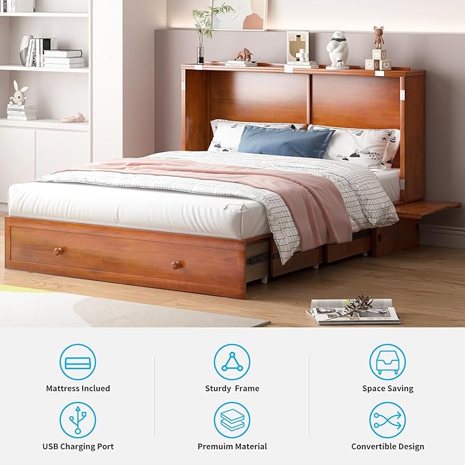 Mjkone Murphy Bed Queen Cabinet Bed with Tri-fold Mattress and Built-in USB Charging & 2 Drawers & Bedside Panel, Hidden Guest Beds, Murphy Cube Chest Cabinet Beds for Bedroom/Apartment - Cherry