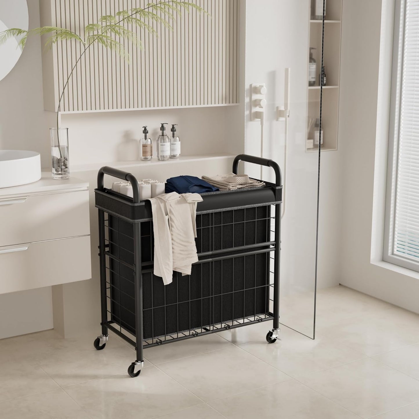 Laundry Hamper 3 Section, 145L Rolling Laundry Sorter Basket with Wheels, 3 Compartment Clothes Organizer Cart, Pull-Out Removable Bags for Laundry Room, Bathroom, Bedroom, Black