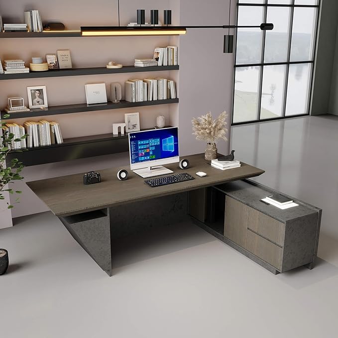 78.74" Adjustable Height L-Shaped Executive Desk with LED Light Strip - Black Inverted Trapezoid Design, Includes Storage Cabinet with Drawers & Doors, Ergonomic Standing Office Desk for Home & Office