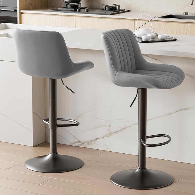 Nalupatio Bar Stools Set of 2, Adjustable Modern Swivel Bar Stools with Backs, Counter Height Performance Fabric Island Chairs for Home Kitchen, Dark Grey