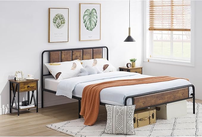 VECELO End Tables, Modern Nightstand with Drawer & Shelf, Night Stand for Bedroom Living Room,Industrial Metal Frame