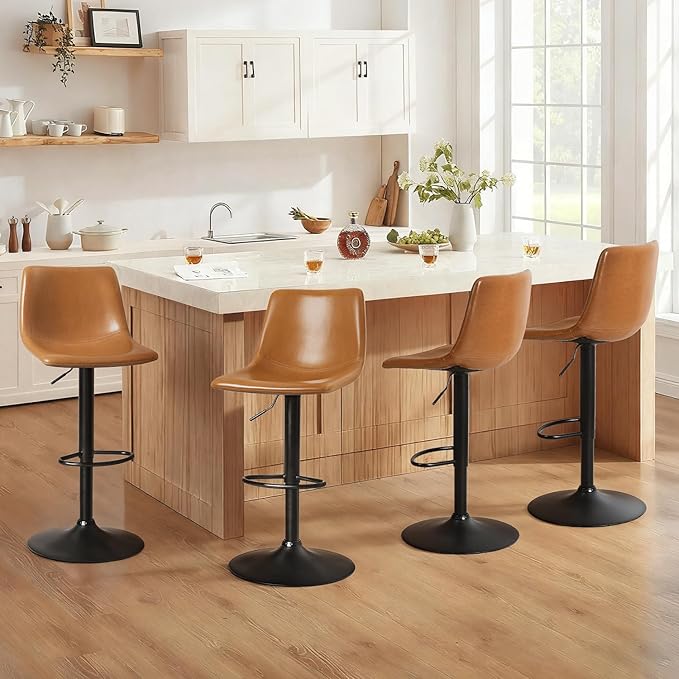 Lemebri Bar Stools Set of 4, Modern Adjustable Swivel Barstools Counter Height with Backrest, Faux Leather Upholstered Bar Chair for Kitchen Island, Whisky