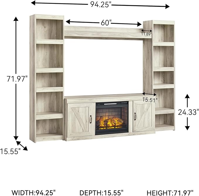 Signature Design by Ashley Bellaby Farmhouse 4-Piece Entertainment Center for TVs up to 69" with Electric Fireplace, Whitewash