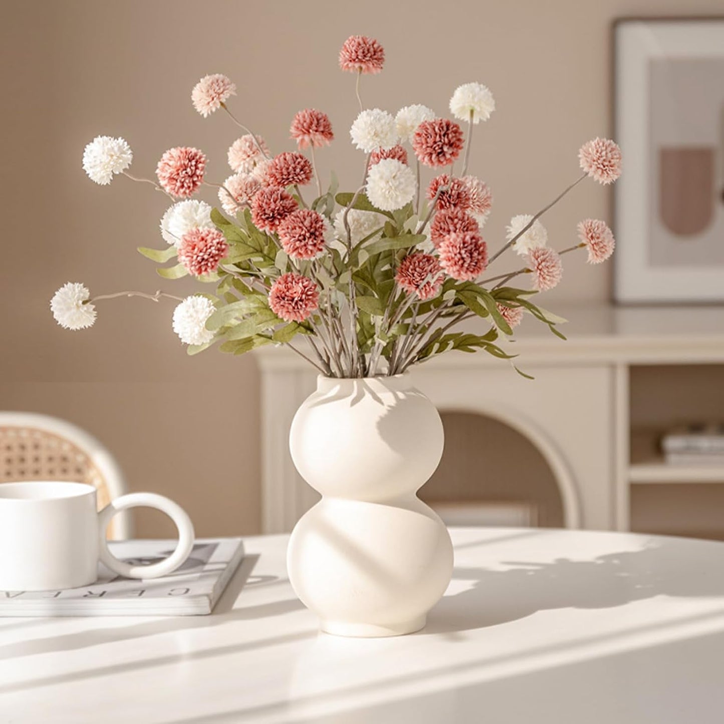 Faux Pink Kiku Flower, 10 Stems with 5 Heads Each & 4 Branches Eucalyptus Stems, Artificial Small Mini Chrysanthemum Flowers for Aesthetic Room Decor, Floral Arrangements Centerpiece