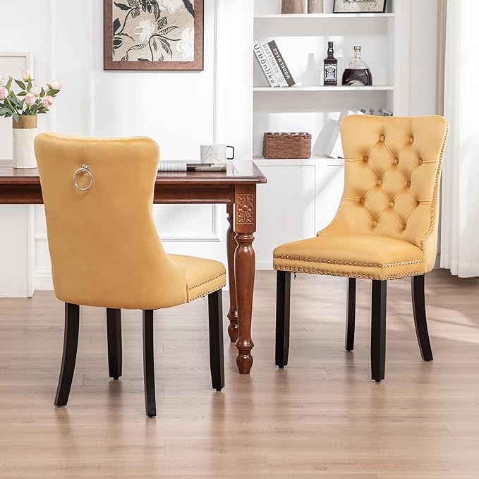 Velvet Dining Chairs Set of 2, Tufted Dining Room Chairs with Nailhead Ring Pull Trim, Upholstered Dining Chairs with Solid Wood Legs for Kitchen Dining Room (Gold)