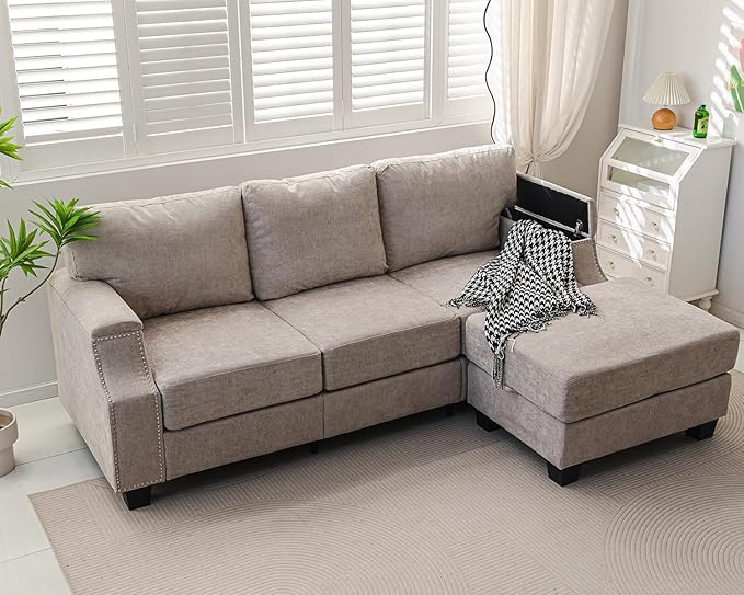 85" Sectional Couches with Storage Ottoman,L Shaped Couch with Armrest Organizer,3-Seater Sofa,Small Couch for Living Room,Apartment,Sofa Set with Oversized Chair,Chenille,Khaki