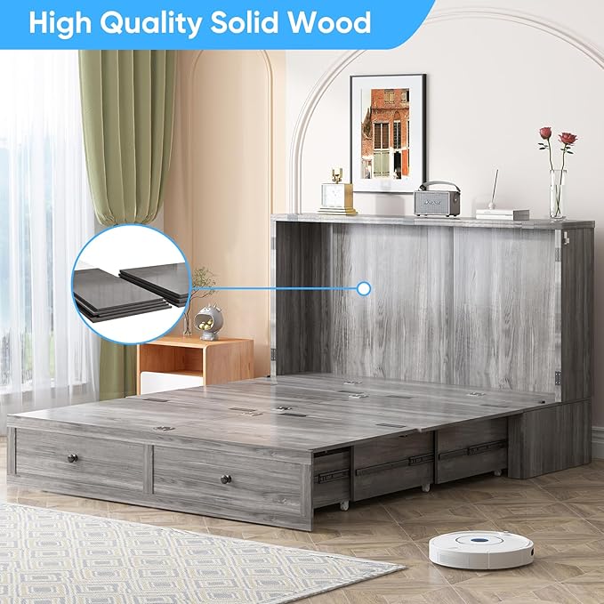 Mjkone Murphy Bed, Cabinet Murphy Bed with Tri-Fold Memory Foam Mattress, Farmhouse Wooden Cabinet Beds with USB Charging Station and 2 Storage Drawers for Bedroom/Office/Guest Room-Gray, Queen