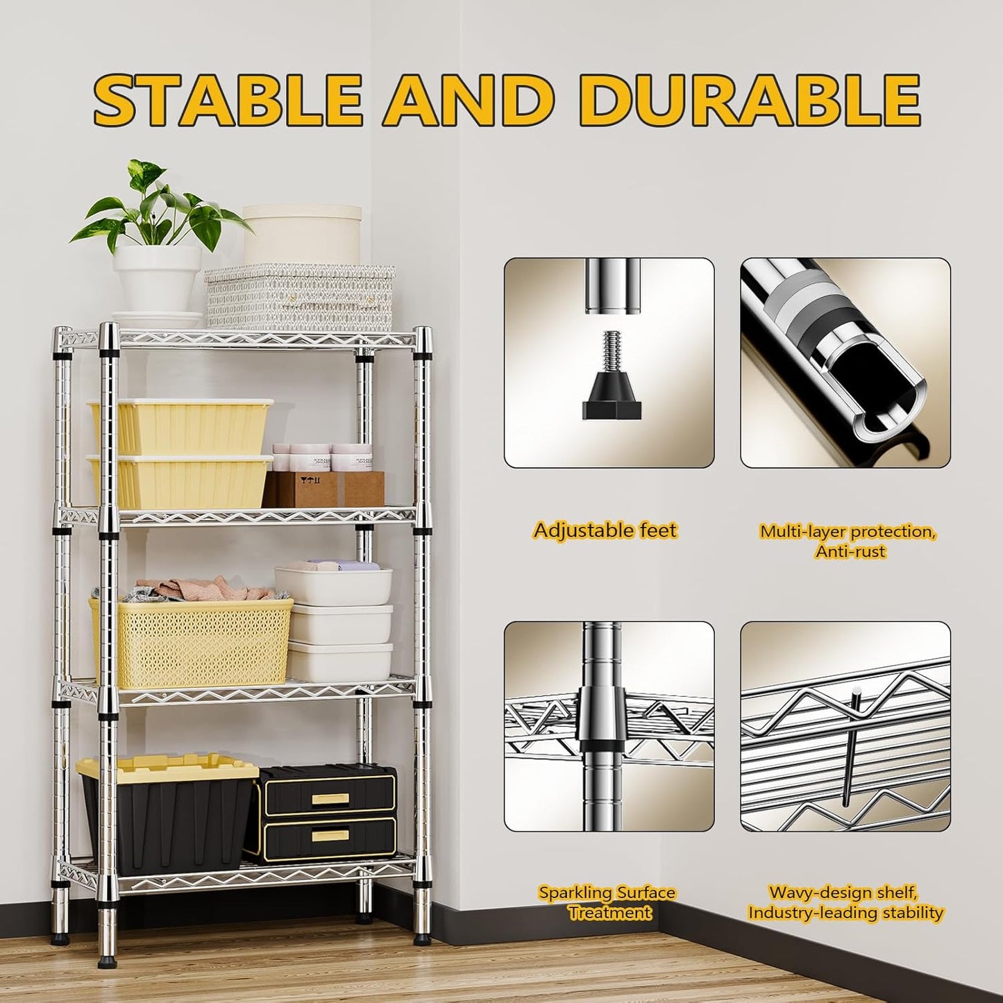 1000 lbs 4 Tier Shelf Metal Storage Shelves Wire Rack Closet Organizers for Garage Kitchen Bathroom Laundry Chrome 11.8" D x 25.6" W x 45.5" H