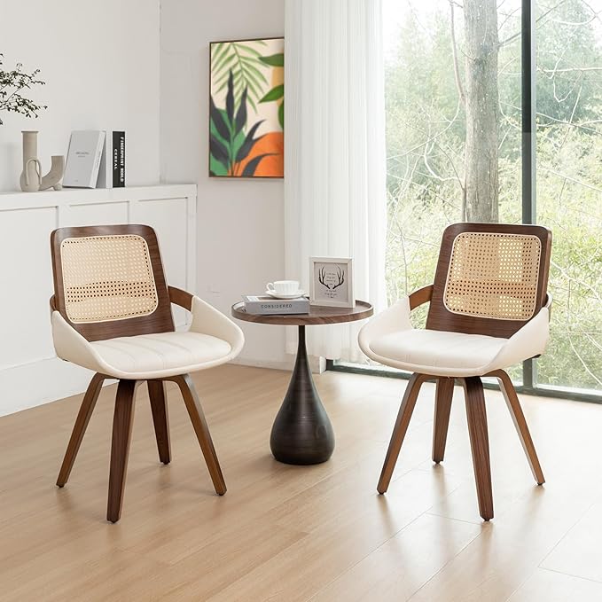 Set of 4 Swivel Rattan Dining Chairs - Walnut Dining Chairs with Bentwood Frame with Ergonomic Cane Back, Curved Arms, MCM DiningChairs for Kitchen/Conference/Restaurant/Living Room (Walnut Beige)
