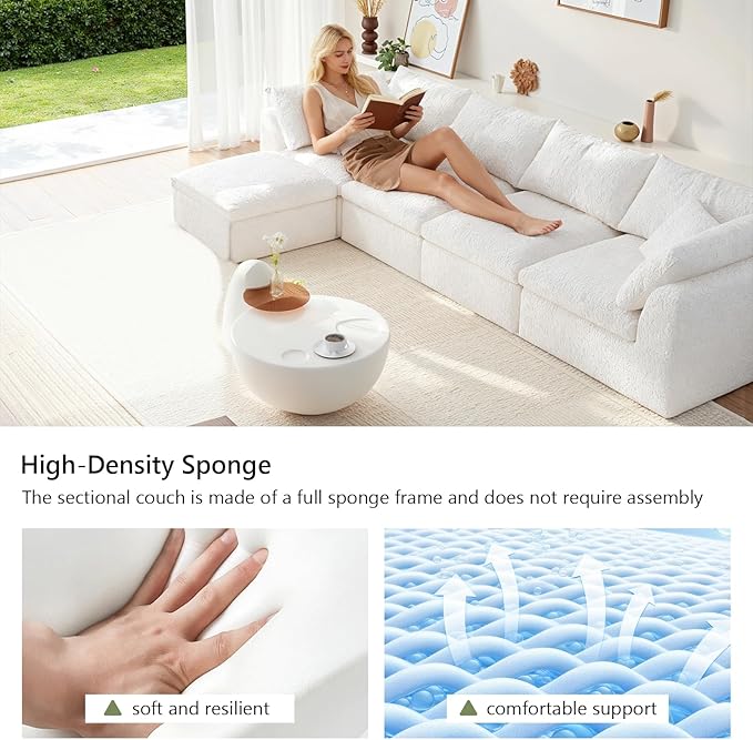138" Boneless Cloud Couch Modular Sectional Sofa with Deep Seat for Living Room, L Shape Couch with Ottoman, Snowflake Cloth and 40D Memory Sponge,2 Throw Pillows (White, 4 Seater+1 Ottoman)