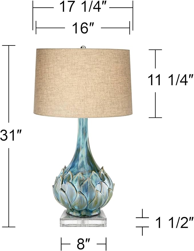 Possini Euro Design Kenya Modern Tropical Table Lamp with Riser 31" Tall Blue Green Ceramic Beige Linen Drum Shade for Living Room Bedroom House Bedside Home Office Entryway (Color May Vary)
