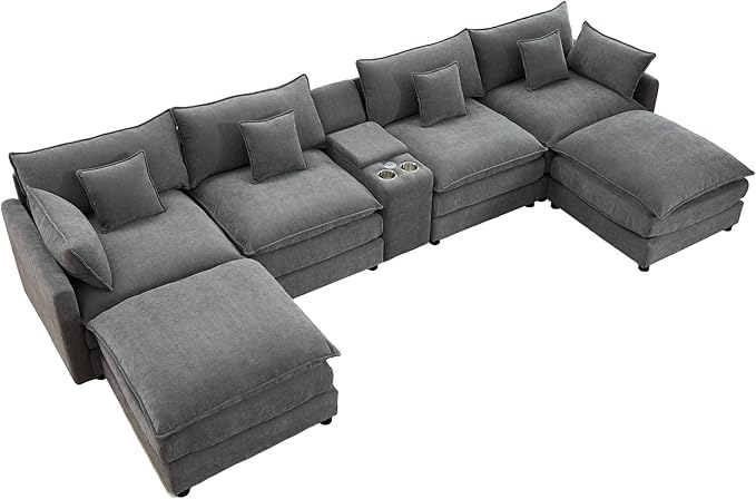 HYJT-H&K 145" U Shaped Cloud Couch Modular Gray Sectional Couches for Living Room, Comfy Fluffy Chenille Oversized Cloud Sectional Couch Large 6 Seat Sectionals Sofa Set Central Console USB Port