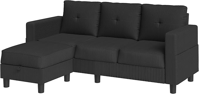 JY QAQA Convertible Sectional Sofa Couch with 3-Seat Sofa, L-Shaped Ottoman Couch with Modern Linen Fabric for Small Living Room, Apartment and Small Space(Black)