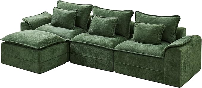 Hobestluk 120" Cloud Modular Sectional Couch 3-Seater Sofa with Ottoman L Shaped Sofa with Removable Cover Large Sofa Couch for Living Room (Green, 3-Seater Sofa with One Ottoman)