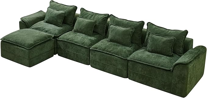 Hobestluk Cloud Modular Sectional Couch 4-Seater Sofa with Ottoman L Shaped Couch Deep Seat Sofa with Removable Cover Large Sofa for Living Room (Green, 4-Seater Sofa with One Ottoman)