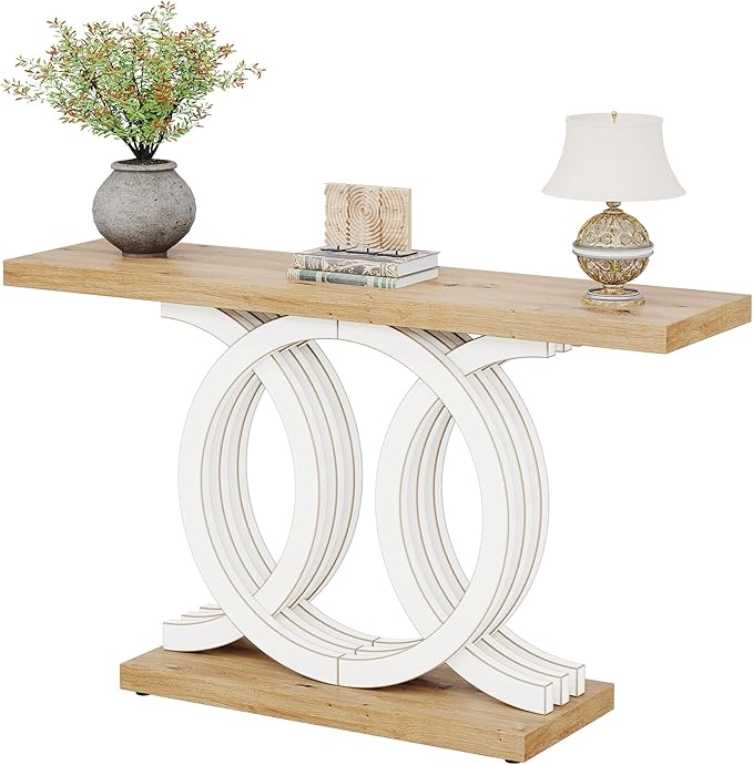 Tribesigns 55-Inch Console Table with Geometric Wood Base, Modern Entryway Table with Thick Tabletop for Living Room, Hallway, Foyer (White)
