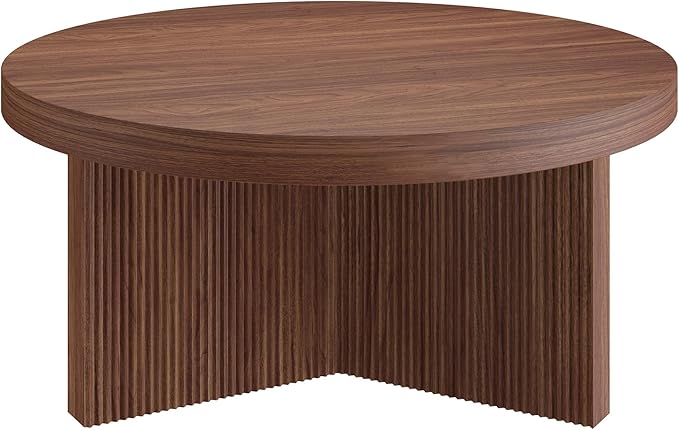 Henn&Hart 32" Fluted Round Low-Profile Coffee Table with Ribbed Pedestal Base Living Room, Family Room, Office, or Apartment, Satin Walnut