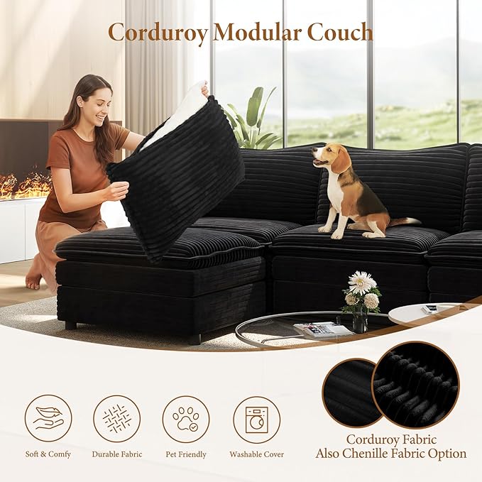 Vesgantti 108" Sectional Sleeper Sofa, 6-Seater Oversized Modular Cloud Couch with Movable Ottoman, Corduroy Large Sofa Bed Convertible Deep Seat Couches for Living Room, Bedroom and Apartment, Black